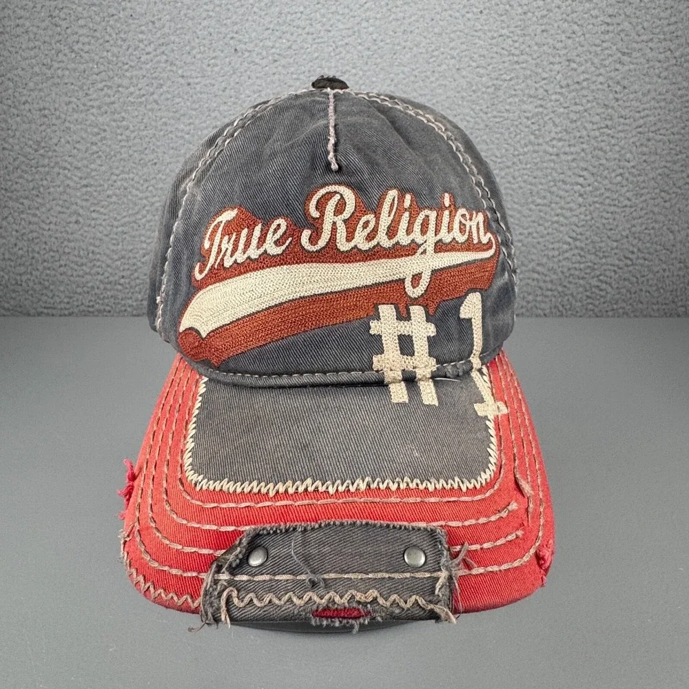 VTG True Religion‎ Hat Mens Gray Distressed Y2K Buddha Logo Baseball Cap